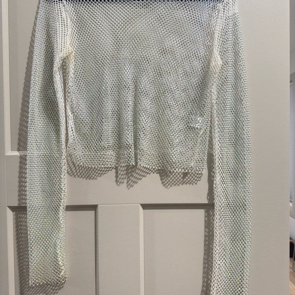 12th Tribe White Mesh Long Sleeve Top